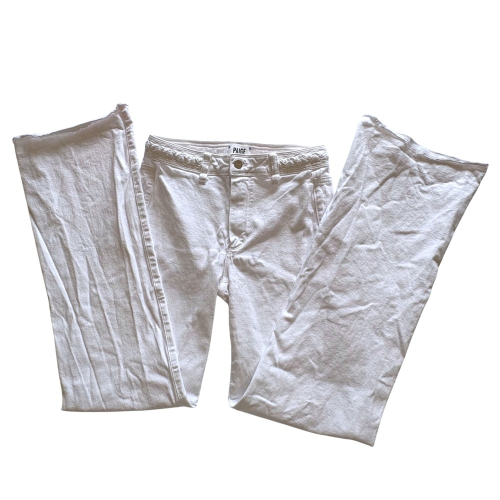 PAIGE Leenah Wide Leg Jeans 27 White Braided Waistband Raw Hem High Rise Flare